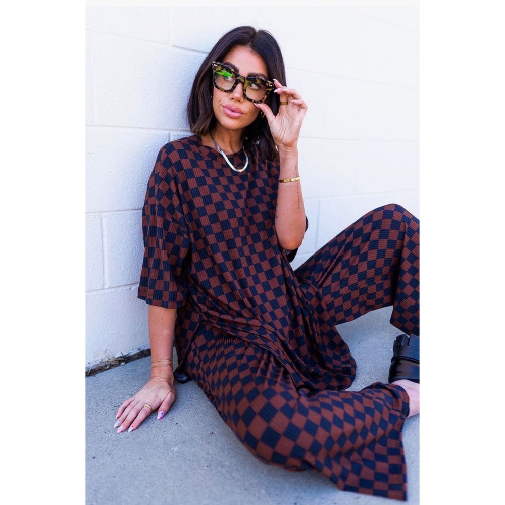 Dressed in LALA Lex Ribbed Checkerboard Set Black & Mocha S Excellent Condition